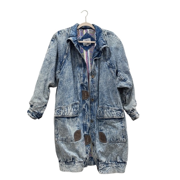Vintage Jackets & Blazers - Vintage Retro Blue Acid Wash Oversized Denim Jacket Trench Coat Hippie Size M